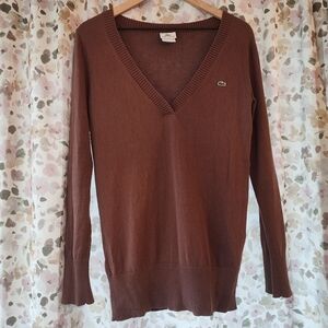 Lacoste Brown Women’s Deep V-Neck Sweater Size 40 Medium 100% Cotton Croc Logo
